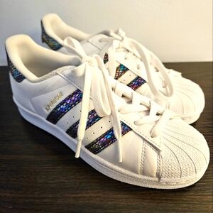 Adidas Superstar Shell Toes White Rainbow Snake Stripes Size 4.5 Mens / 6 Womens
